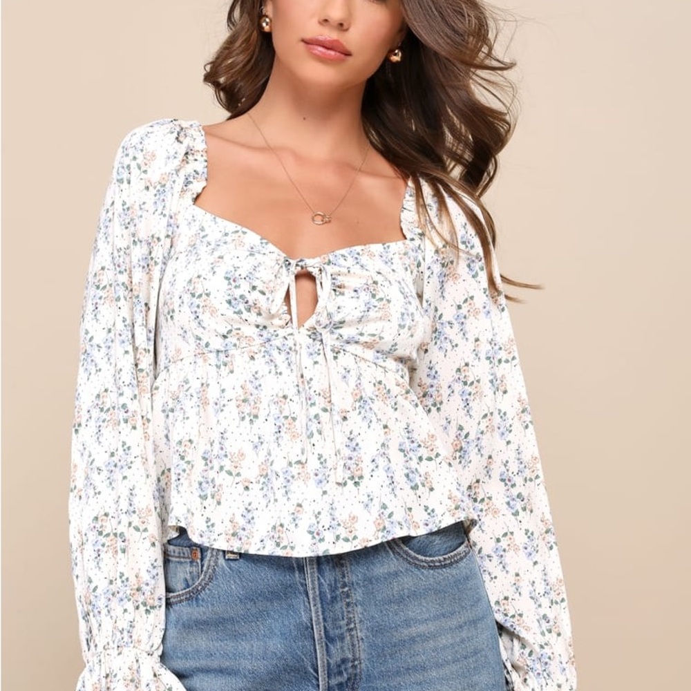 Lulu’s Effortless Aspect Ivory Floral Print Cropped Balloon Sleeve Top NWT